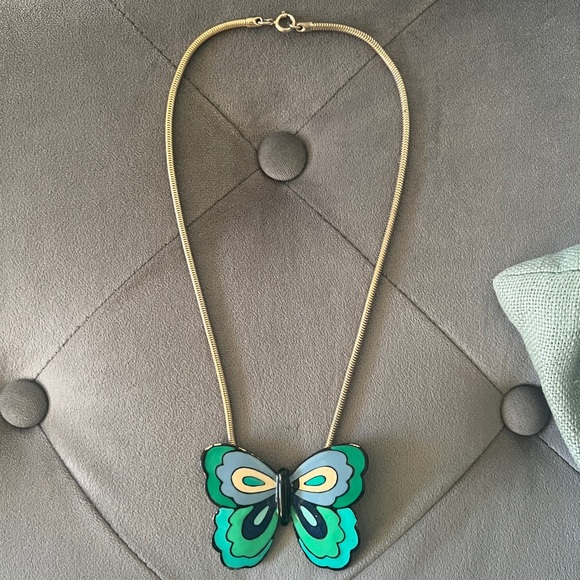 Eisenberg • Vintage Enamel Modernist Butterfly Pendant Necklace Gold Tone Green - Picture 15 of 15